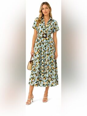 Zara Lemon Print Midi Shirt Dress Blue Belted Summer Large
